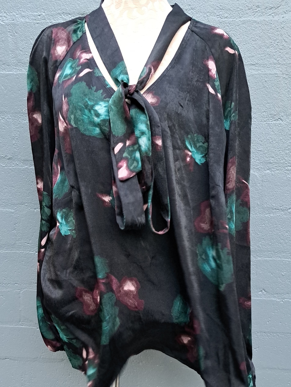 Alfani Black Floral Tie-Neck Blouse with Teal and Rose Accents